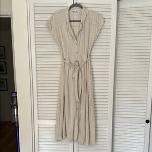 Tan Midi Wrap Dress with Collar and Cap Sleeves